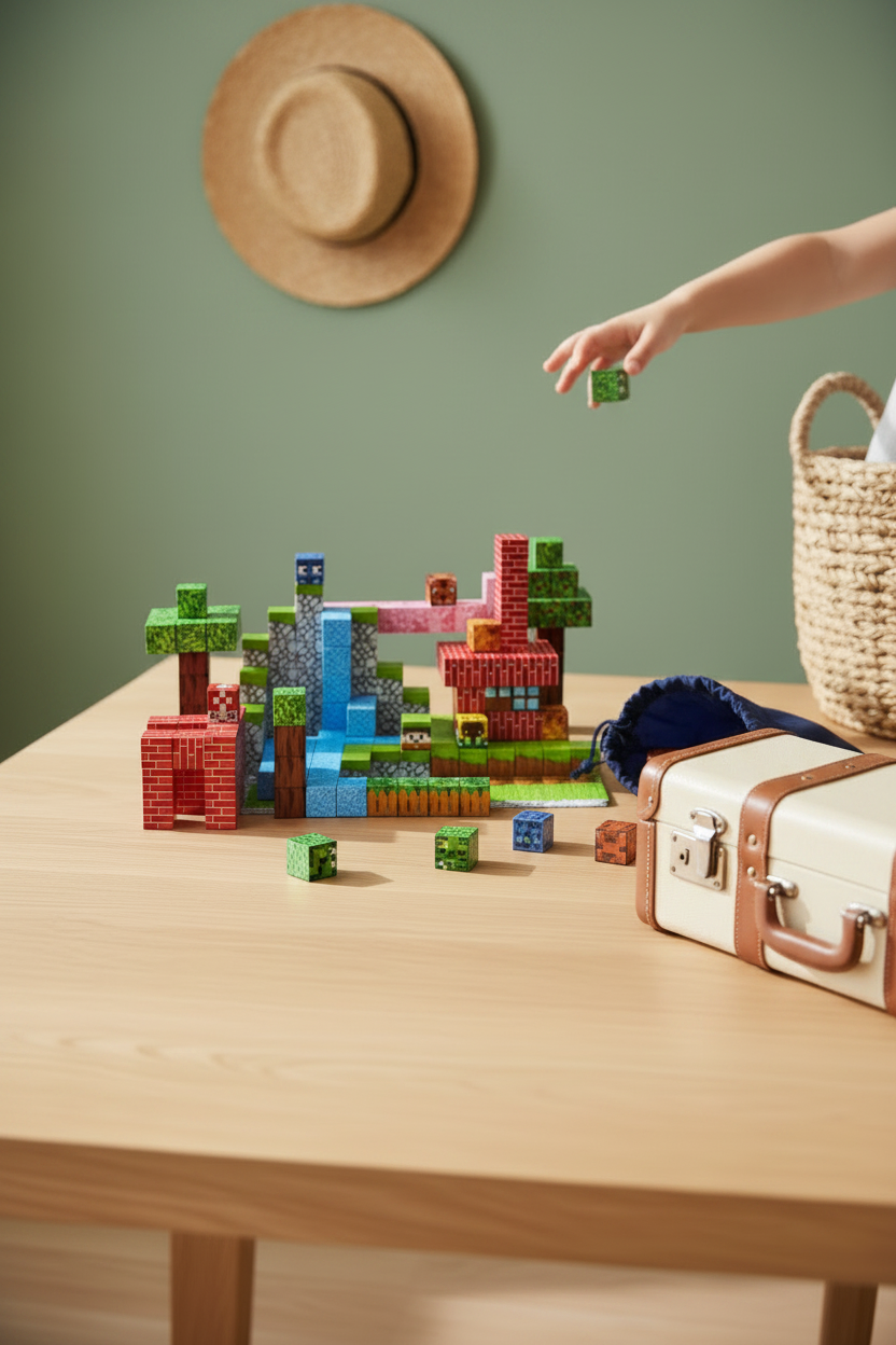 Scandinavian lifestyle scene with sun hat and suitcase